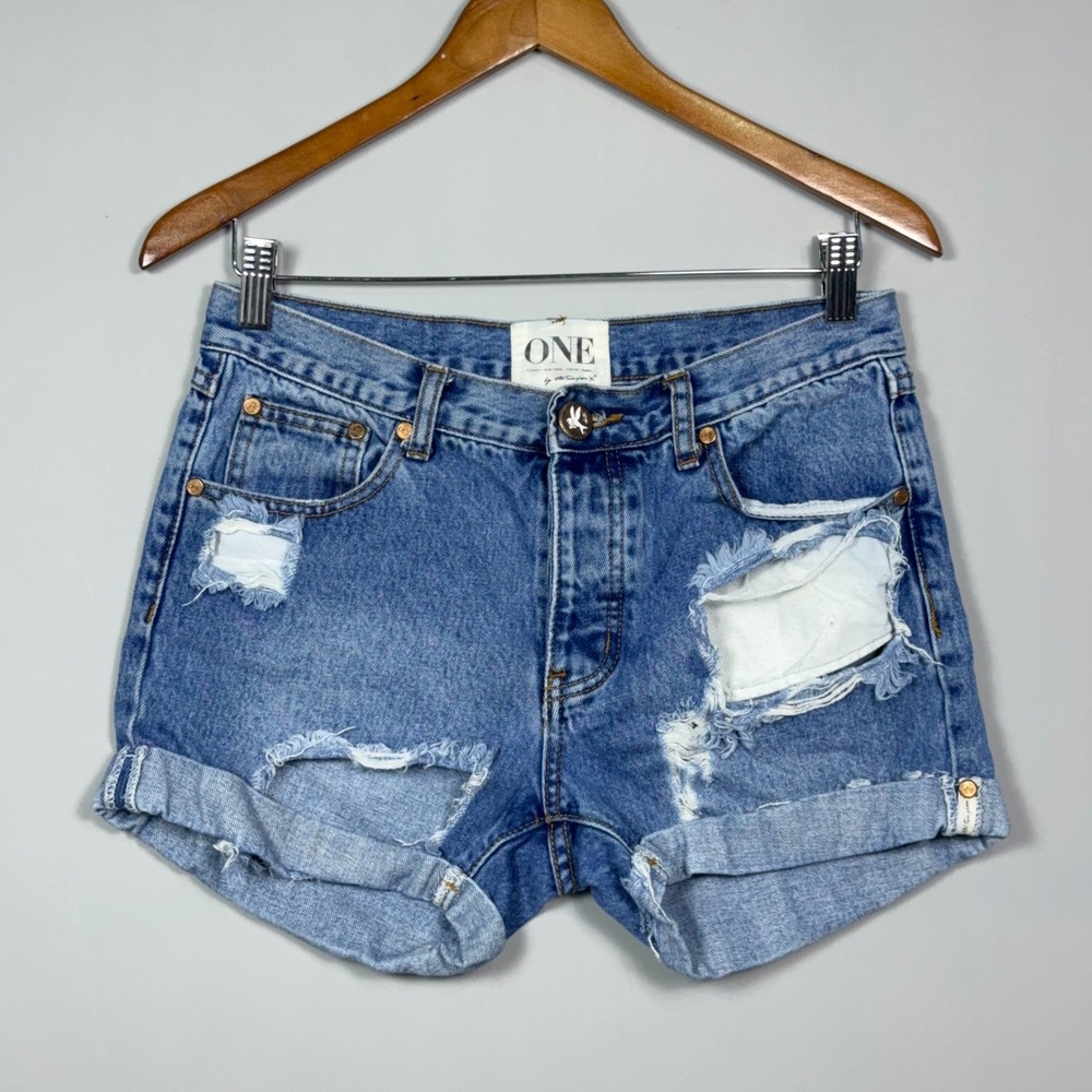 One Teaspoon Chargers Distressed Cut Off Denim Shorts Womens Size 25 Blue Grunge
